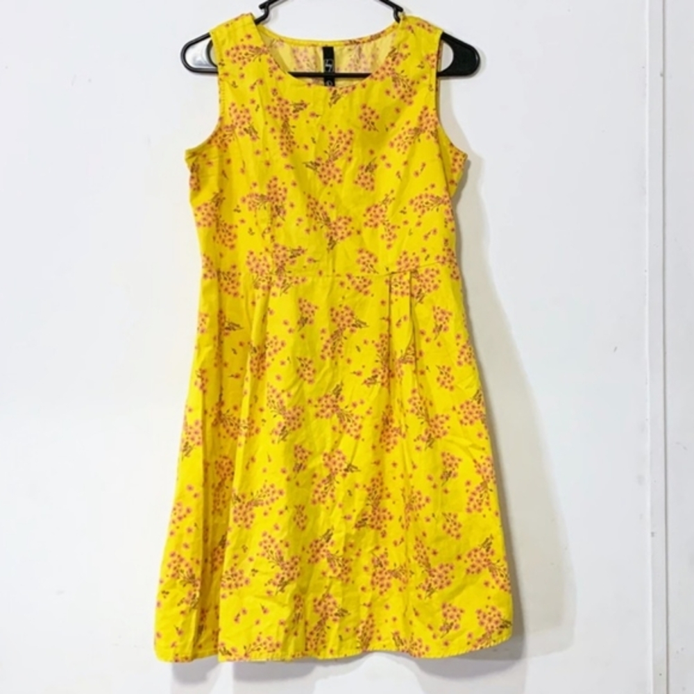 Hey sz L Yellow Cotton cherry Blossom Fit and Flare Dress